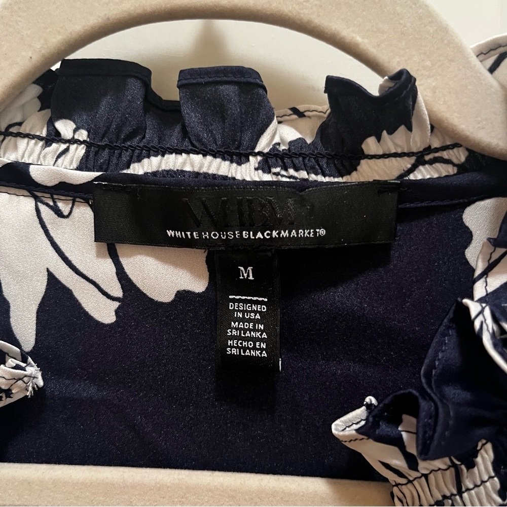 White House Black Market Medium Dark Blue and White Floral Blouse - Picture 3 of 3
